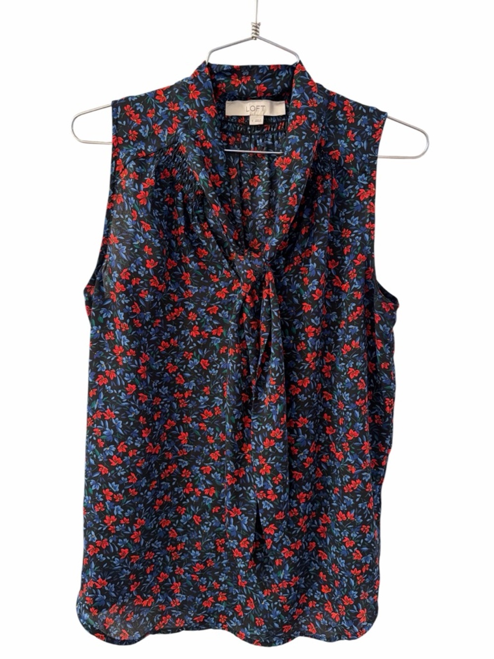 LOFT Floral Blouse Small Sleeveless Tie Neck Navy Red Blue Lightweight Top - Picture 3 of 5